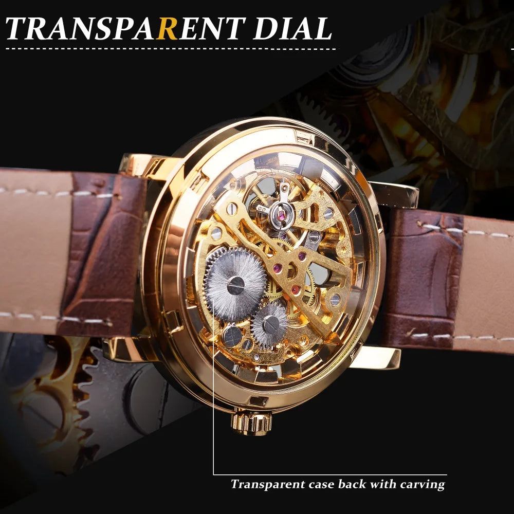 Winner Transparent Fashion Case Luxury Casual Design Leather Strap Mens Watches Top Brand Luxury Mechanical Skeleton Watch