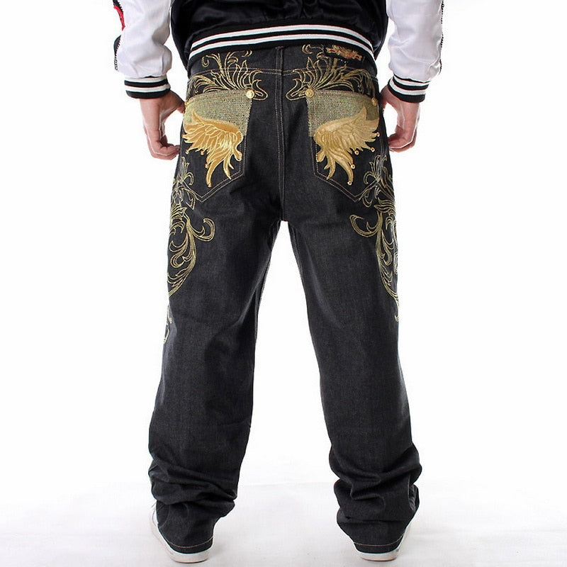 Men's Baggy Fashion Embroidery Black Loose Wide Legs Board Denim Pants - Collection 2 (8 Styles)