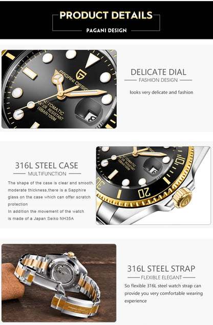 PAGANI DESIGN Top Brand Automatic Watch Luxury Sapphire Glass Mechanical Wristwatch Sports Stainless Steel Waterproof Men Watch