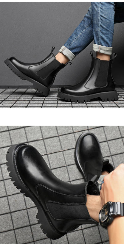 Winter Men Chelsea Rubber Boot Invisible Heel Men Lifted Boots Men Leather Platform Boots Height Increasing