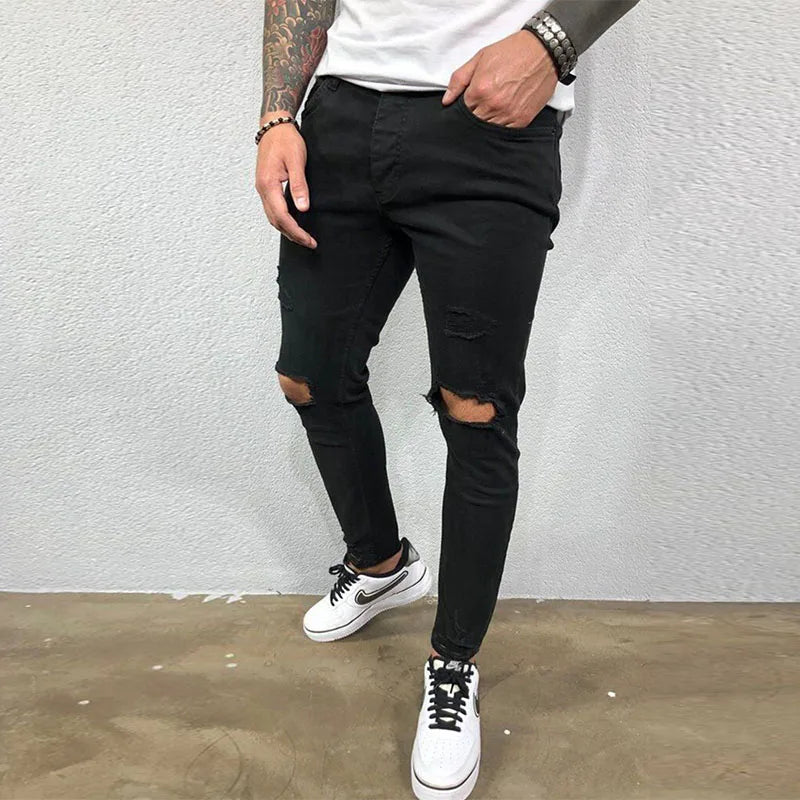 Men's Knee Hole Ripped Stretch Skinny Jeans: Black & Blue Denim, Slim Fit, Hip-Hop Style, S-4XL, Autumn & Summer Casual Trousers - Collection 2 - 9 Colors/Styles