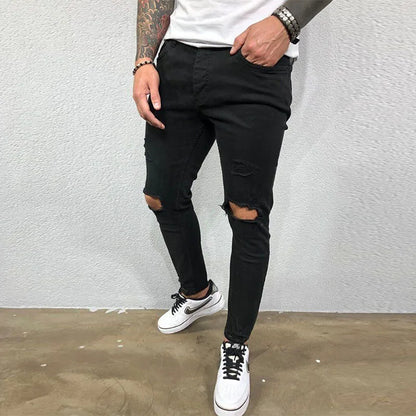 Men's Knee Hole Ripped Stretch Skinny Jeans: Black & Blue Denim, Slim Fit, Hip-Hop Style, S-4XL, Autumn & Summer Casual Trousers - Collection 1 - 10 Colors/Styles