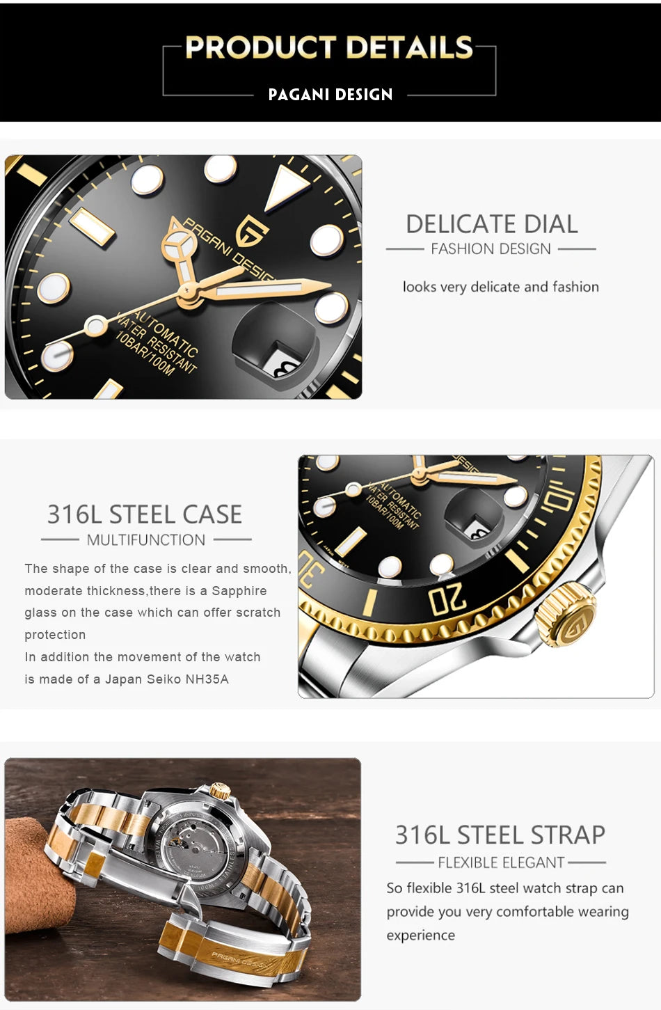 PAGANI DESIGN New Men Mechanical Wristwatch Luxury Ceramic Bezel Automatic Watches 300m waterproof Sapphire Glass Watch for Men