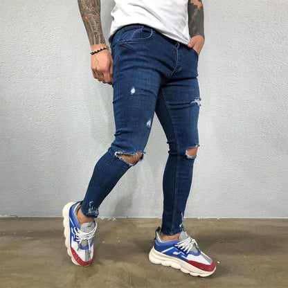 Men's Knee Hole Ripped Stretch Skinny Jeans: Black & Blue Denim, Slim Fit, Hip-Hop Style, S-4XL, Autumn & Summer Casual Trousers - Collection 2 - 9 Colors/Styles