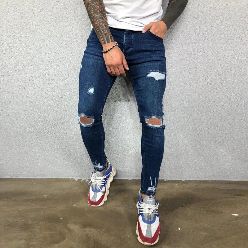 Men's Knee Hole Ripped Stretch Skinny Jeans: Black & Blue Denim, Slim Fit, Hip-Hop Style, S-4XL, Autumn & Summer Casual Trousers - Collection 1 - 10 Colors/Styles