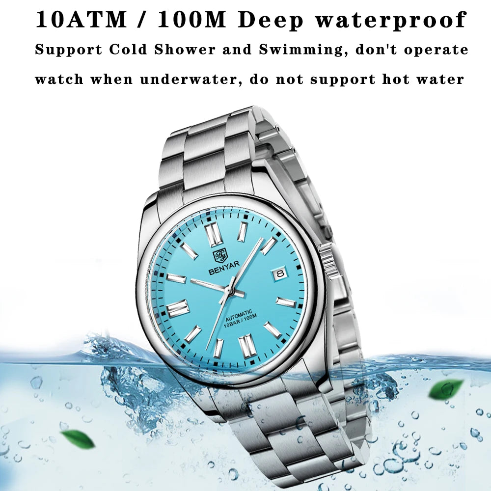 BENYAR New Luxury Automatic Watch 10Bar Waterproof Stainless Steel Men Mechanical Wristwatches Sports Diving Watch for Men