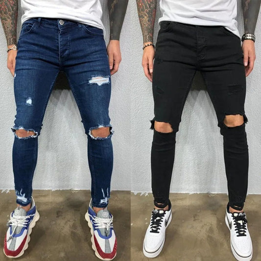 Men's Knee Hole Ripped Stretch Skinny Jeans: Black & Blue Denim, Slim Fit, Hip-Hop Style, S-4XL, Autumn & Summer Casual Trousers - Collection 1 - 10 Colors/Styles