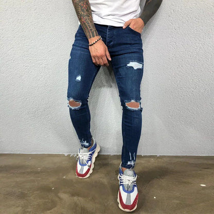 Men's Knee Hole Ripped Stretch Skinny Jeans: Black & Blue Denim, Slim Fit, Hip-Hop Style, S-4XL, Autumn & Summer Casual Trousers - Collection 2 - 9 Colors/Styles