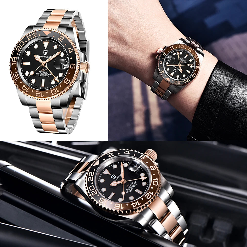 2022 PAGANI DESIGN New Business Left Crown Men Mechanical Wristwatches 100M Waterproof Sapphire Glass PD-1662 GMT Watch for Men