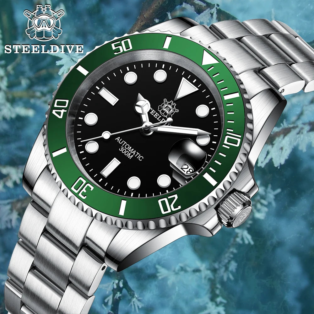 STEELDIVE SD1953 Black Dial Green Ceramic Bezel NH35 Automatic Watch 300M Waterproof Sapphire Glass Men Dive Watches