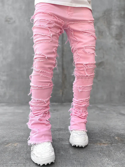 Men's Regular Fit Stacked Jeans: Ripped Slim Fit, Patch Distressed, Destroyed Straight Denim Pants, Hip Hop Streetwear Trousers - 10 Colors/Styles