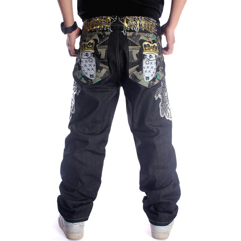 Men's Baggy Fashion Embroidery Black Loose Wide Legs Board Denim Pants - Collection 2 (8 Styles)