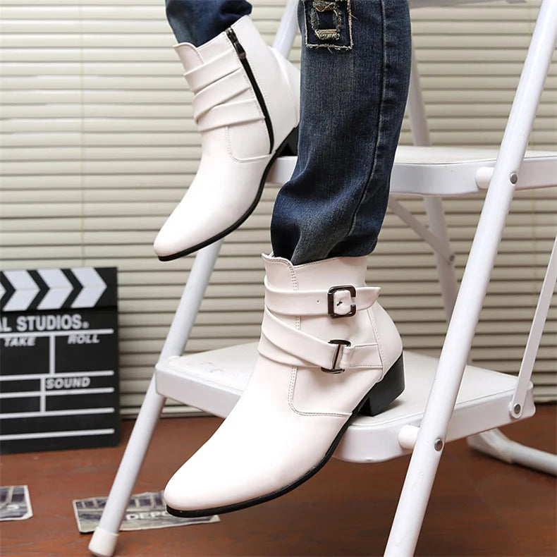 Luxury Leather Chelsea Boots Men Designer White Dress Boots Men Casual High top Buckle Strap Formal Shoes Men Motorcycle Boots