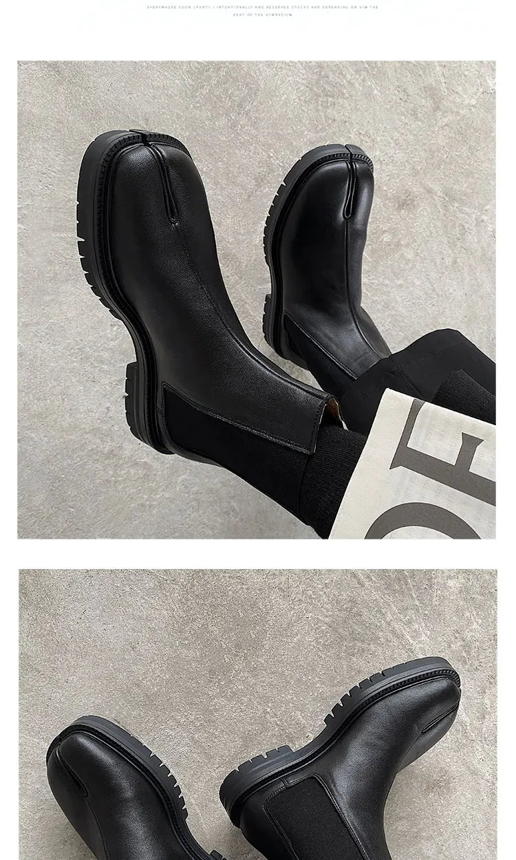 Split toe shoes for men's Chelsea boots square toe high top leather boots horseshoe shoes thick heels for women's thick soled sh