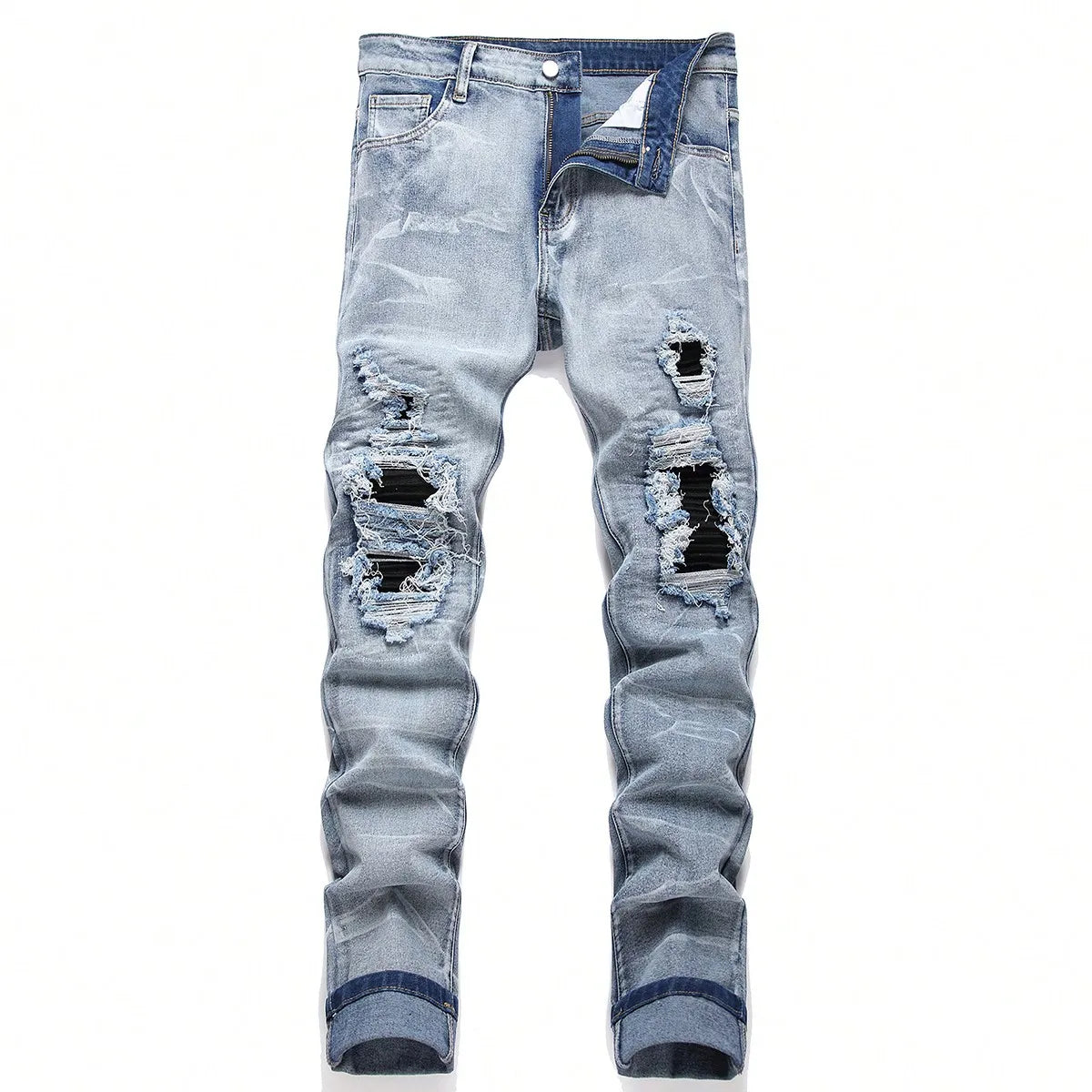 Men's Stretchy Denim Jeans: Streetwear Tearing Patchwork, Ripped Holes, Elastic Waist, Slim Fit, Straight Casual Pants - 2 Colors