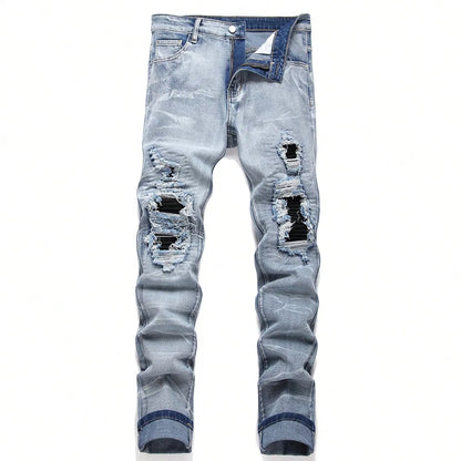 Men's Stretchy Denim Jeans: Streetwear Tearing Patchwork, Ripped Holes, Elastic Waist, Slim Fit, Straight Casual Pants - 2 Colors