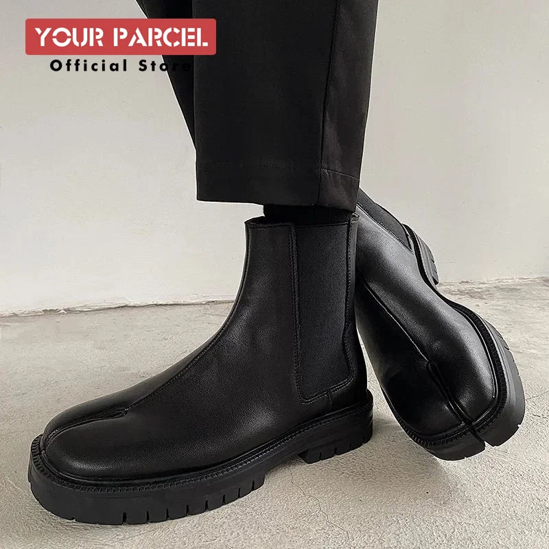 Split toe shoes for men's Chelsea boots square toe high top leather boots horseshoe shoes thick heels for women's thick soled sh