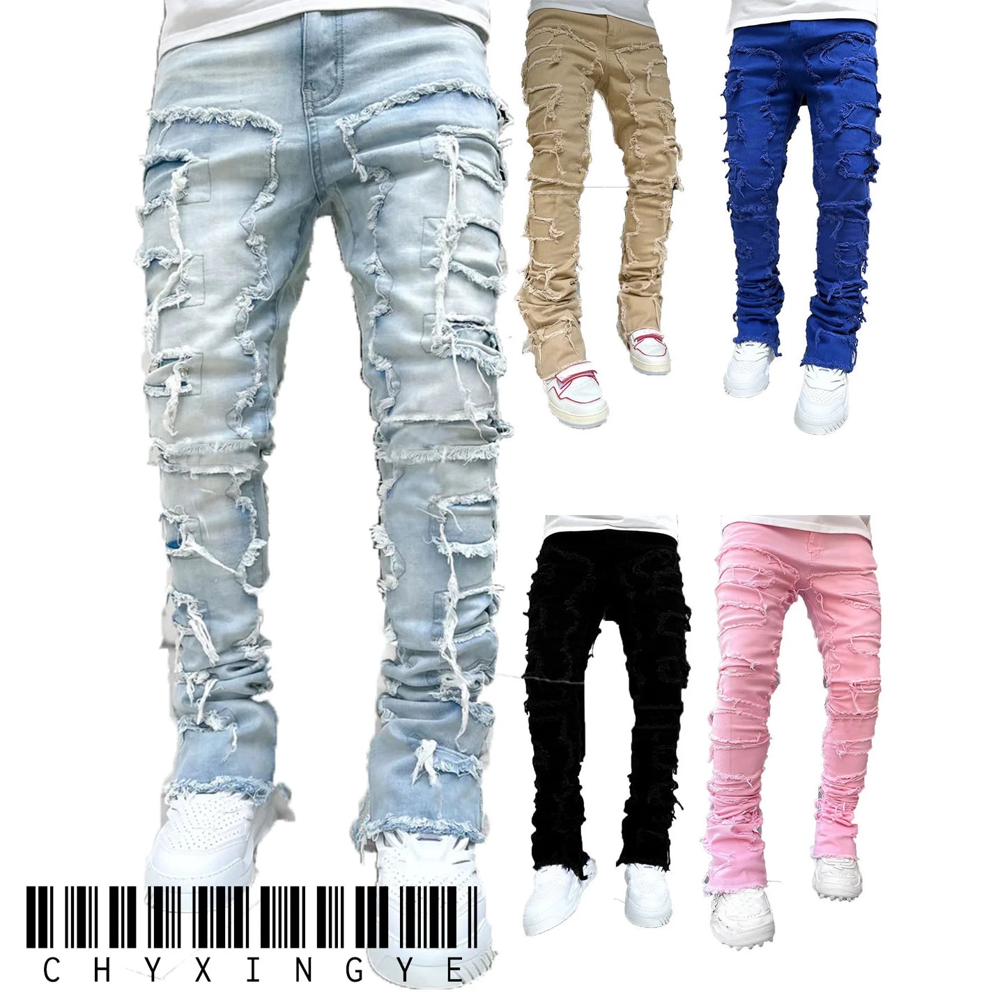 Men's Regular Fit Stacked Jeans: Ripped Slim Fit, Patch Distressed, Destroyed Straight Denim Pants, Hip Hop Streetwear Trousers - 10 Colors/Styles