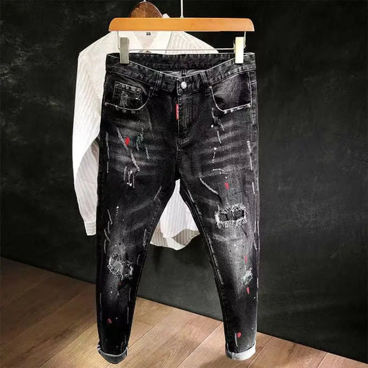 Men's Korean Style Ripped Hole Black Denim Jeans: Luxury Slim Fit Cowboy Ink Dotting Pants for Hip Hop Workwear