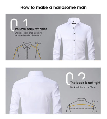 New High-Quality Men's Shirt: 6XL Large Autumn/Winter Long Sleeve, No-Iron Pure White Business Casual Fashion Shirt - 11 Colors