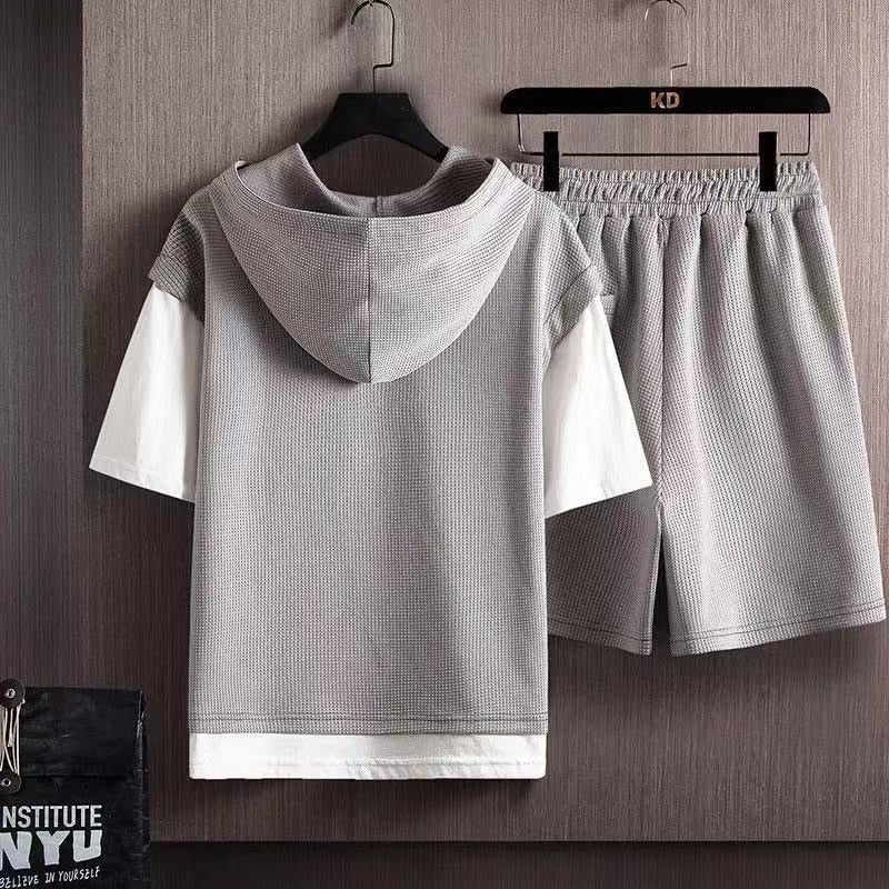 Men's Casual Comfort Large Size Fashion Waffle Short Sleeve T-shirt & Shorts Two-Piece Set (3 Colors)