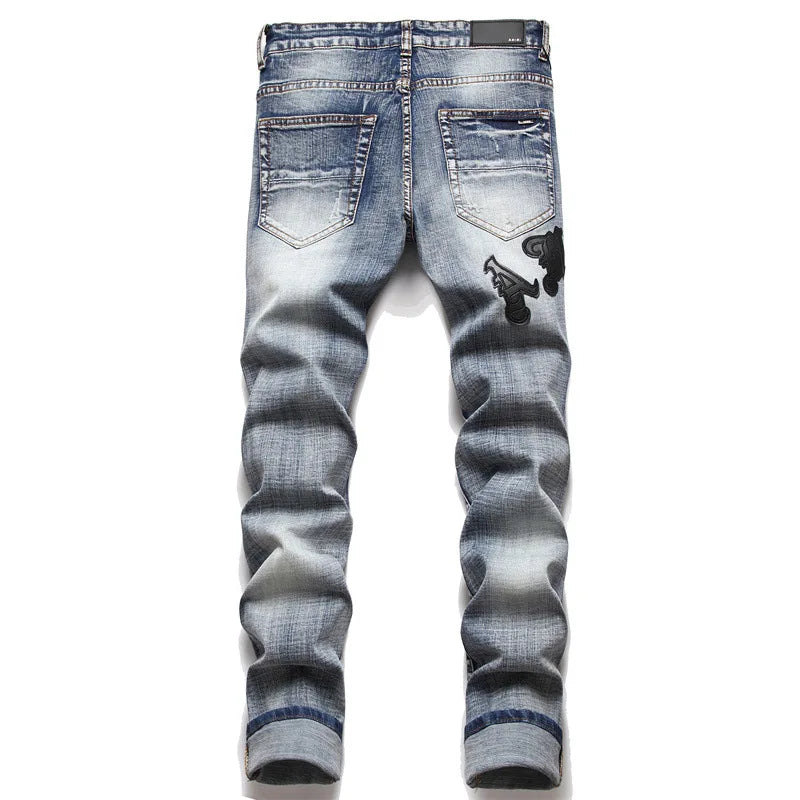 High Street Stretch Embroidery Men's Jeans: Ripped Streetwear, Punk Style, Slim Fit, Small Feet, Fashionable Denim Pants for Men - Collection 1 - 11 Colors/Styles