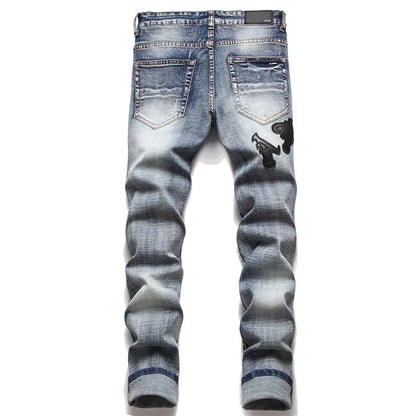 High Street Stretch Embroidery Men's Jeans: Ripped Streetwear, Punk Style, Slim Fit, Small Feet, Fashionable Denim Pants for Men - Collection 2 - 11 Colors/Styles