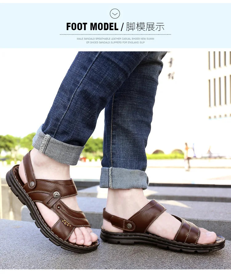 Men's Summer Genuine Leather Sandals Slippers Men Slippers Adult Thick-soled Beach Shoes Non-slip Leather Sandal Zapatos Hombre