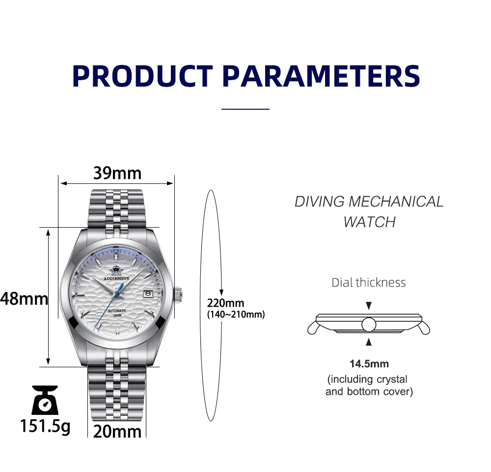 ADDIESDIVE Automatic Mechanical Watch Man European American Business Leisure Wristwatch Luxury Silver Luminous Waterproof Watch