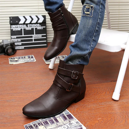 Luxury Leather Chelsea Boots Men Designer White Dress Boots Men Casual High top Buckle Strap Formal Shoes Men Motorcycle Boots