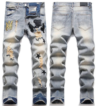 High Street Stretch Embroidery Men's Jeans: Ripped Streetwear, Punk Style, Slim Fit, Small Feet, Fashionable Denim Pants for Men - Collection 2 - 11 Colors/Styles