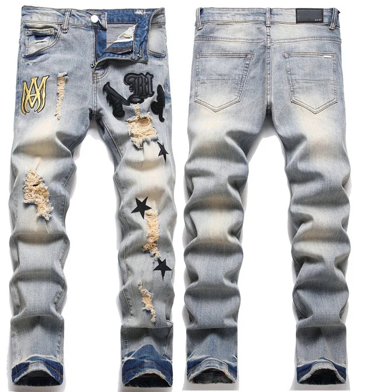 High Street Stretch Embroidery Men's Jeans: Ripped Streetwear, Punk Style, Slim Fit, Small Feet, Fashionable Denim Pants for Men - Collection 1 - 11 Colors/Styles