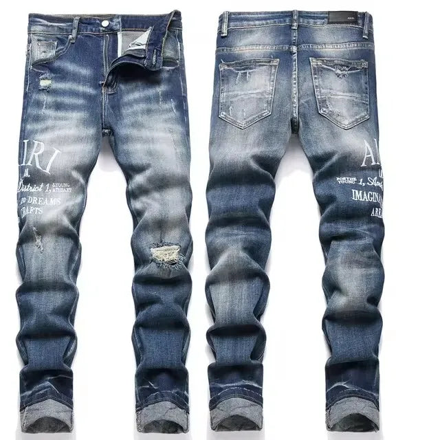 High Street Stretch Embroidery Men's Jeans: Ripped Streetwear, Punk Style, Slim Fit, Small Feet, Fashionable Denim Pants for Men - Collection 1 - 11 Colors/Styles