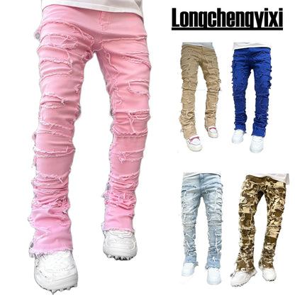 Men's Regular Fit Stacked Jeans: Ripped Slim Fit, Patch Distressed, Destroyed Straight Denim Pants, Hip Hop Streetwear Trousers - 10 Colors/Styles