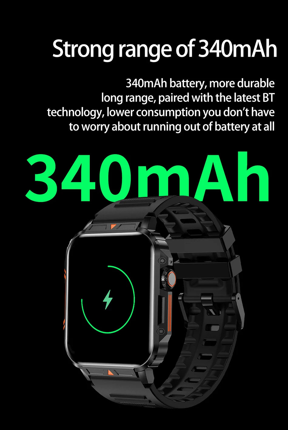 Smartwatch 1.95'' IPS Screen Health Monitoring 340 Big Battery IP68 Waterproof Sport Fitness Android IOS for Men