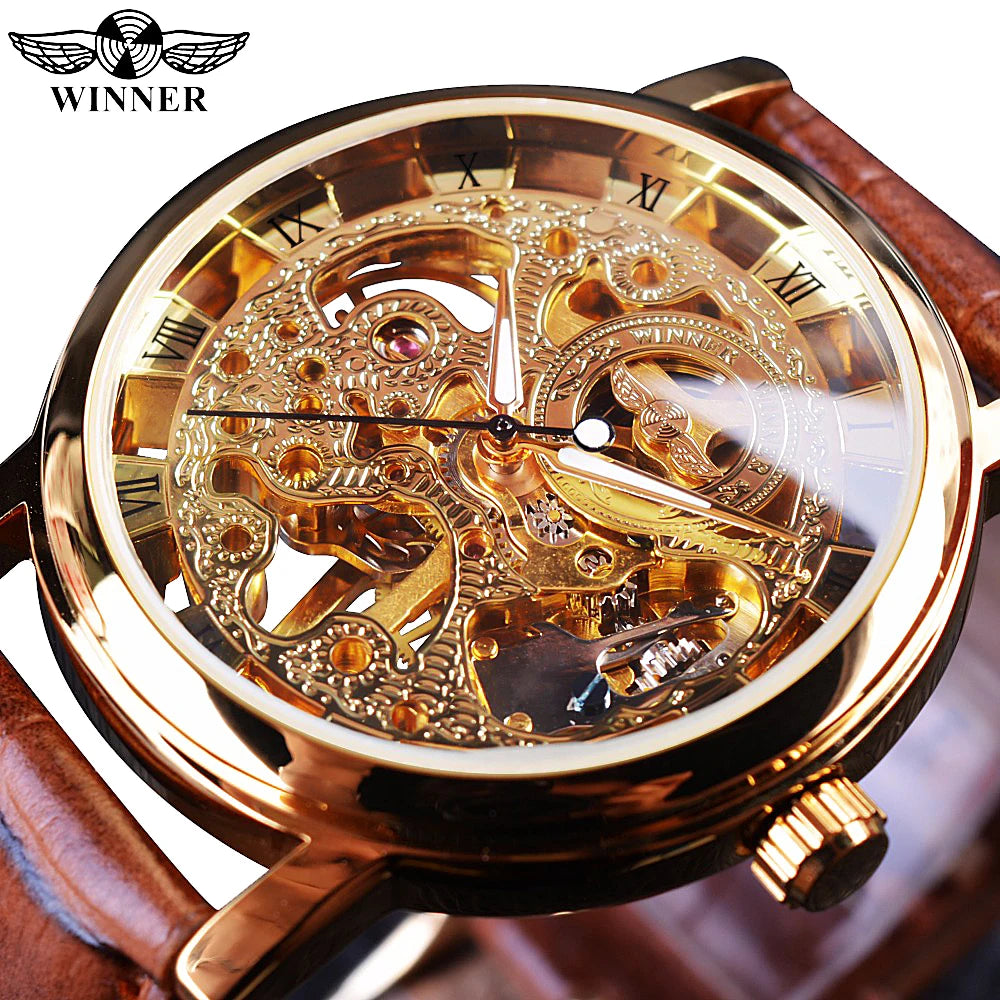 Winner Transparent Fashion Case Luxury Casual Design Leather Strap Mens Watches Top Brand Luxury Mechanical Skeleton Watch