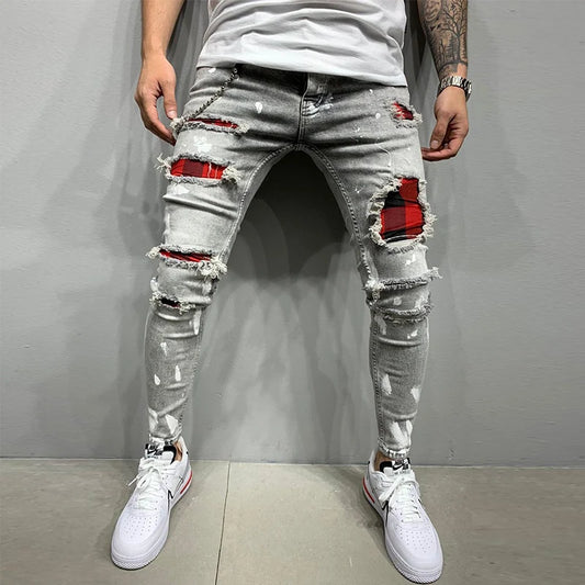 Men's Knee Hole Ripped Stretch Skinny Jeans: Black & Blue Denim, Slim Fit, Hip-Hop Style, S-4XL, Autumn & Summer Casual Trousers - Collection 2 - 9 Colors/Styles