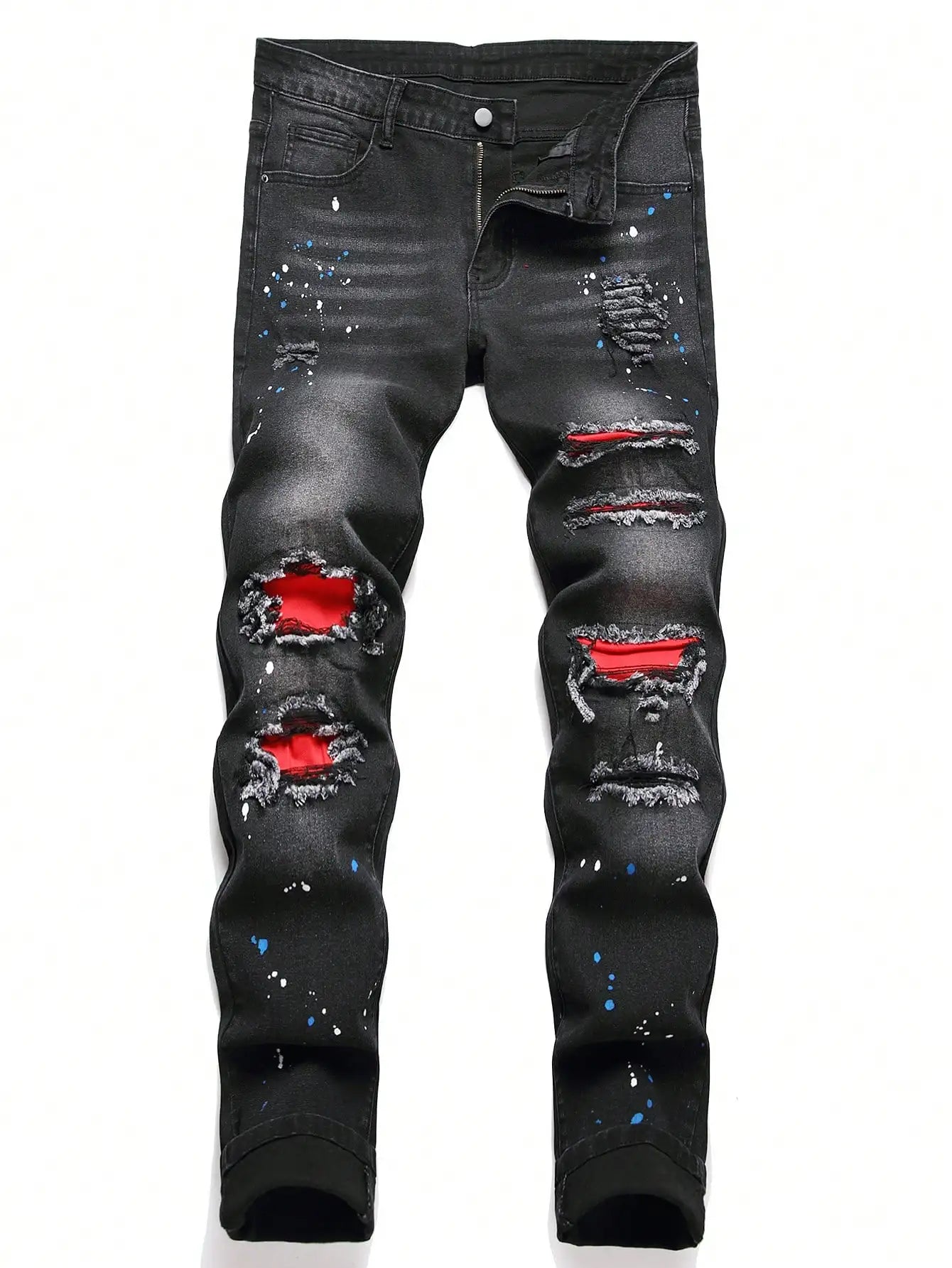 Men's Stretchy Ripped Skinny Biker Jeans: Embroidery Cartoon Print, Destroyed Holes, Slim Fit, High-Quality Hip Hop Black Denim