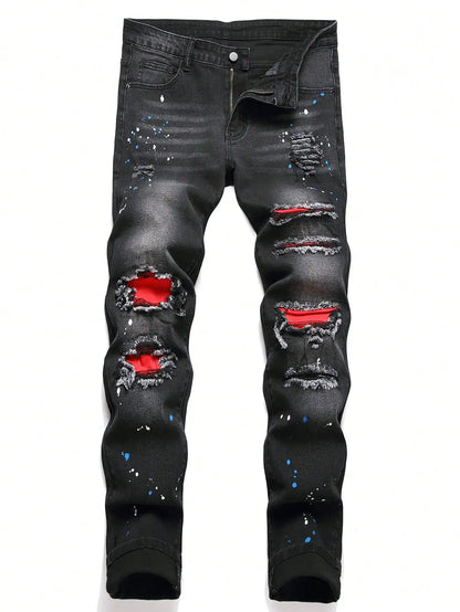 Men's Stretchy Ripped Skinny Biker Jeans: Embroidery Cartoon Print, Destroyed Holes, Slim Fit, High-Quality Hip Hop Black Denim