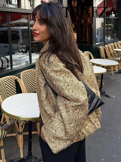 Women's Fashion Shiny Sequin Jacket: Y2K Gold Color Stand Collar Long Sleeve Short Coat for Autumn/Winter - High Streetwear, Available in 5 Colors