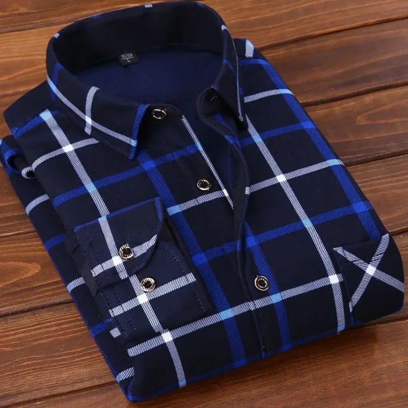 Men's Flannel Plaid Shirt: Winter Warm Fur-Lined Long Sleeve Fleece Casual Formal Dress Shirt - 15 styles