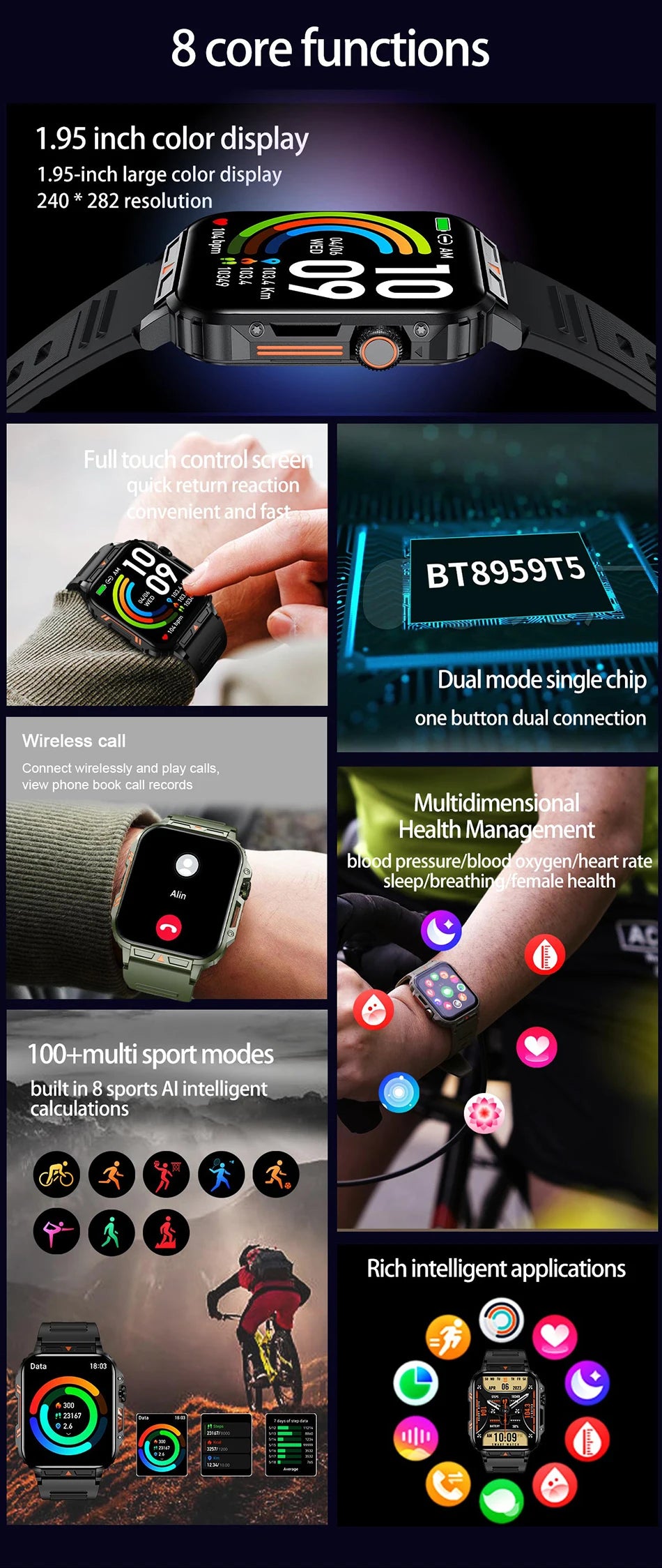 Smartwatch 1.95'' IPS Screen Health Monitoring 340 Big Battery IP68 Waterproof Sport Fitness Android IOS for Men