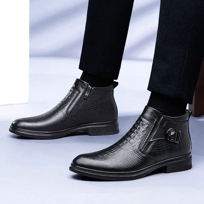 Winter Black Chelsea Men Ankle Boots Men High-top Fur Side Zipper Business Boots Genuine Leather Thick Sole Fashion Cowboy Boots