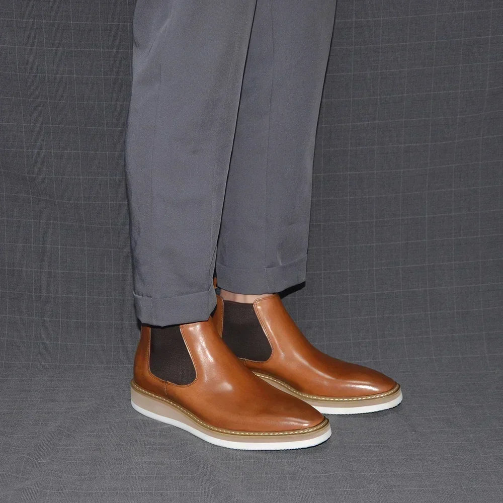 British Style Cow Genuine Leather Men's Chelsea Ankle Boots Slip-on Elastic Band High Top Sneakers Casual Dress Boot for Men