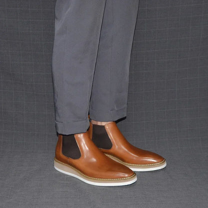 British Style Cow Genuine Leather Men's Chelsea Ankle Boots Slip-on Elastic Band High Top Sneakers Casual Dress Boot for Men