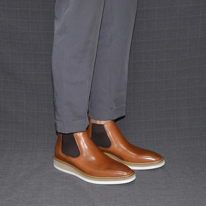 British Style Cow Genuine Leather Men's Chelsea Ankle Boots Slip-on Elastic Band High Top Sneakers Casual Dress Boot for Men