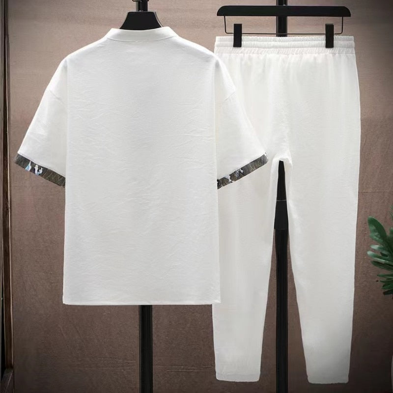 Men's short sleeve print pattern elastic waist Two-piece Suit (Shirt + trousers) (3 Colors))