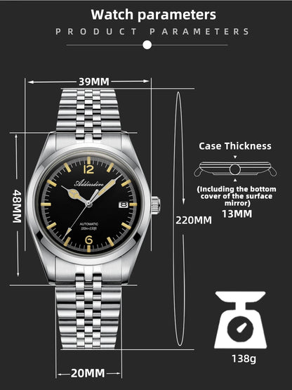 ADDIESDIVE Automatic Mechanical Watch Man Business Leisure Wristwatch NH35 Luxury Silver Luminous Waterproof Watches