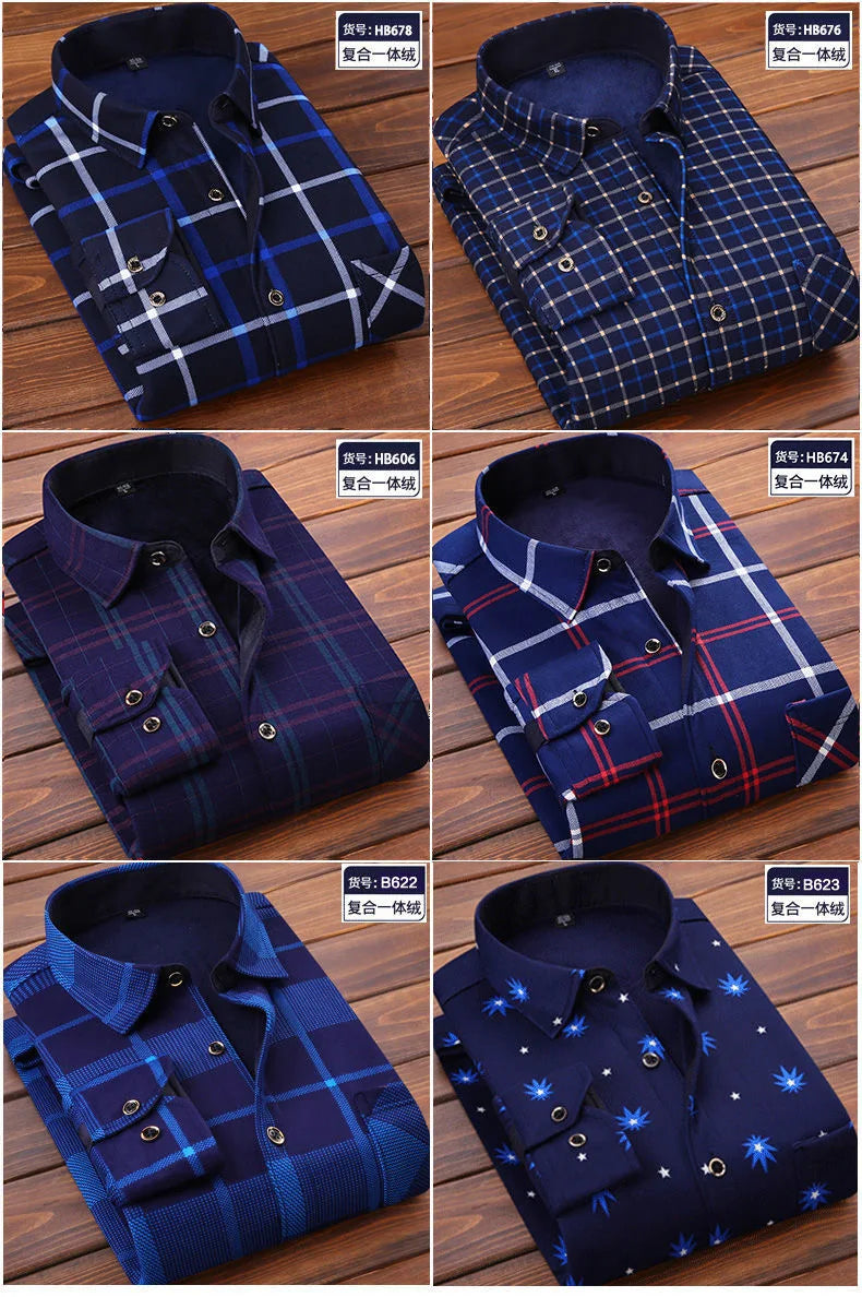 Men's Flannel Plaid Shirt: Winter Warm Fur-Lined Long Sleeve Fleece Casual Formal Dress Shirt - 15 styles