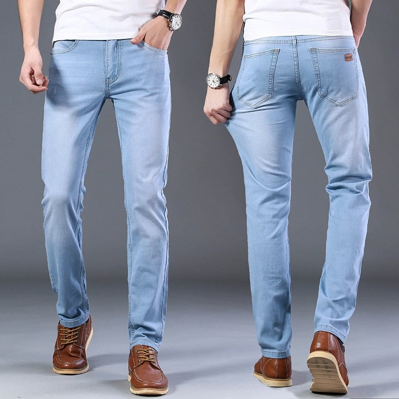 Men's Classic Style Business Casual Light Blue Stretch Cotton Denim (3 Colors)